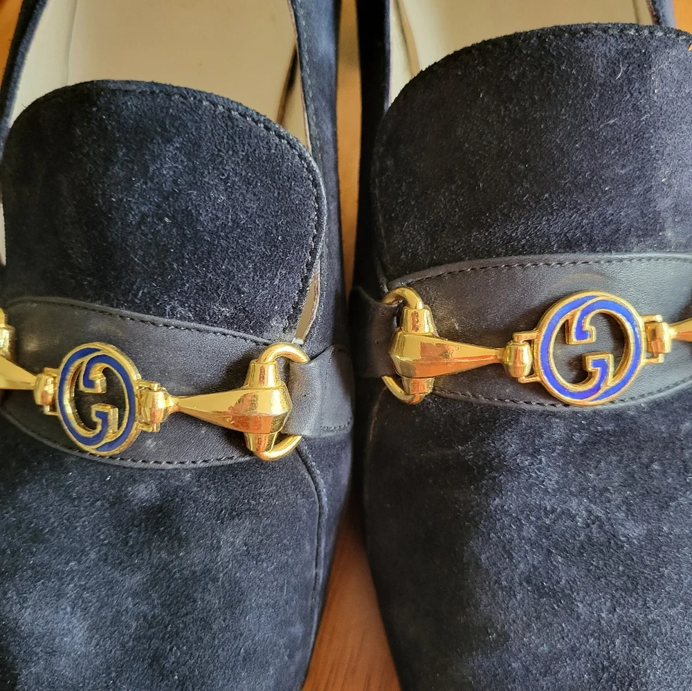 Gucci blue/gold slip on suede loafers size 7 - Picture 4 of 8